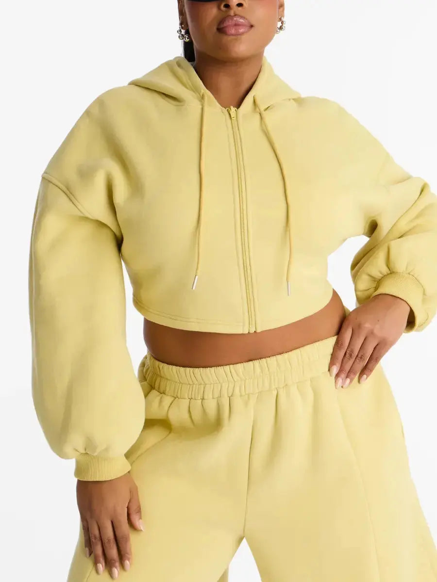 Women's Plus Size Pale Yellow Cropped Zip - Up Hoodie & Wide Leg Sweatshort Set - laseze