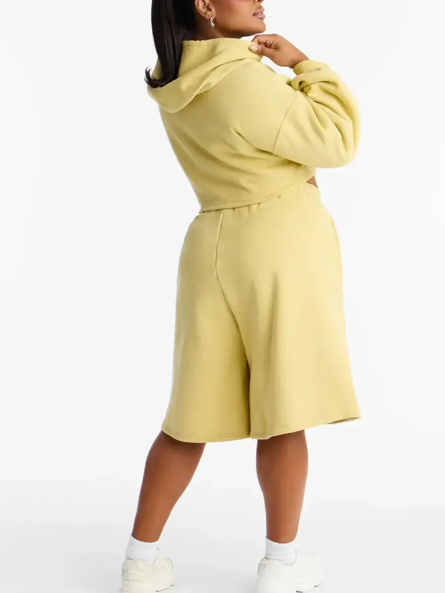 Women's Plus Size Pale Yellow Cropped Zip - Up Hoodie & Wide Leg Sweatshort Set - laseze