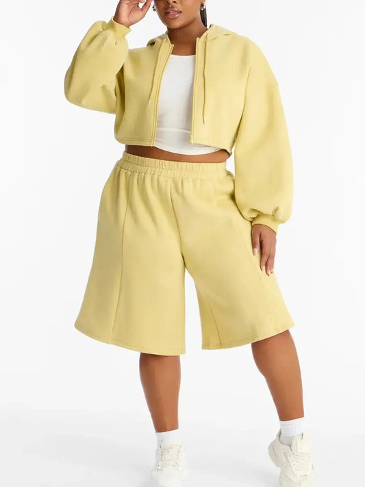 Women's Plus Size Pale Yellow Cropped Zip - Up Hoodie & Wide Leg Sweatshort Set - laseze