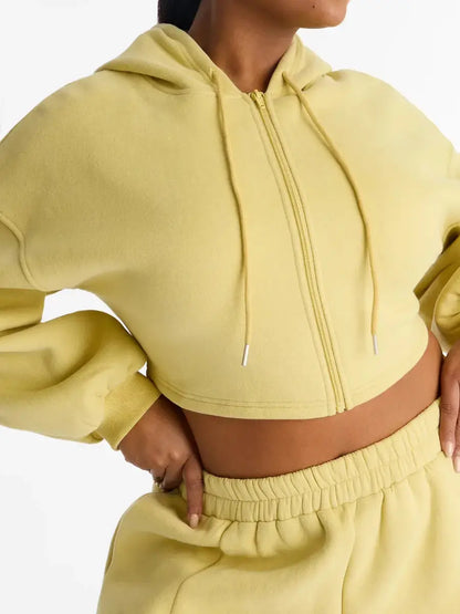 Women's Plus Size Pale Yellow Cropped Zip - Up Hoodie & Wide Leg Sweatshort Set - laseze