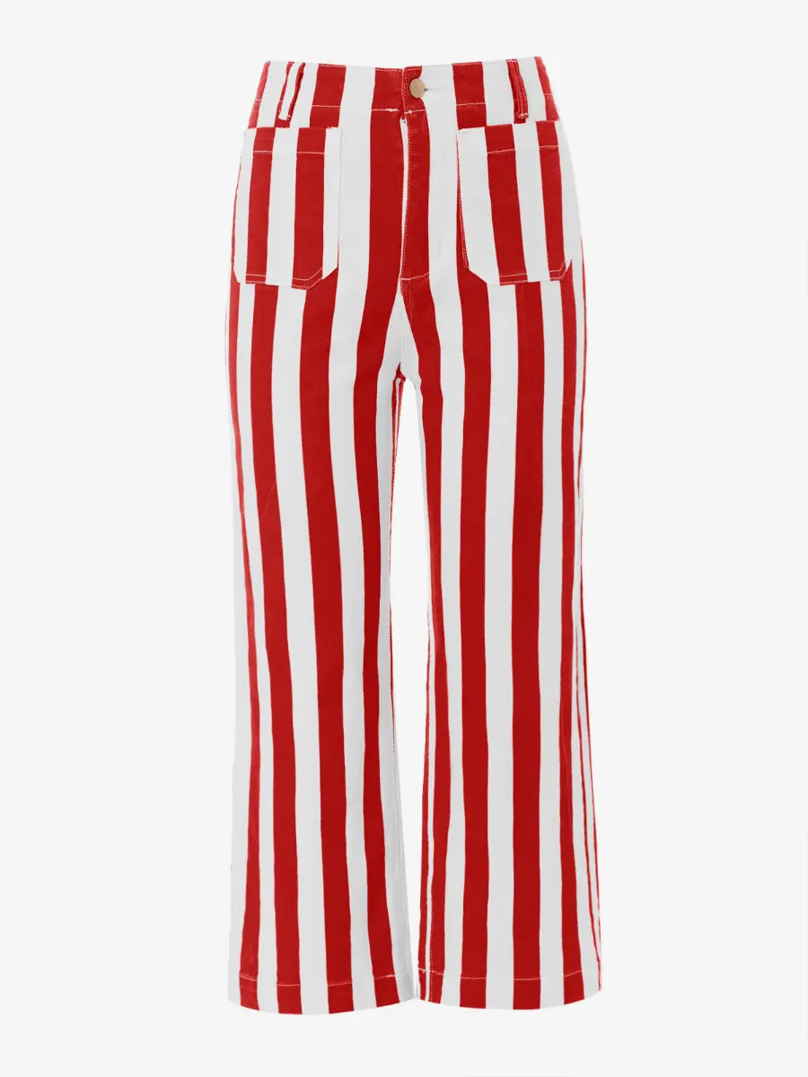Women’s Red & White Vertical Striped High - Waisted Cropped Wide - Leg Pants - laseze
