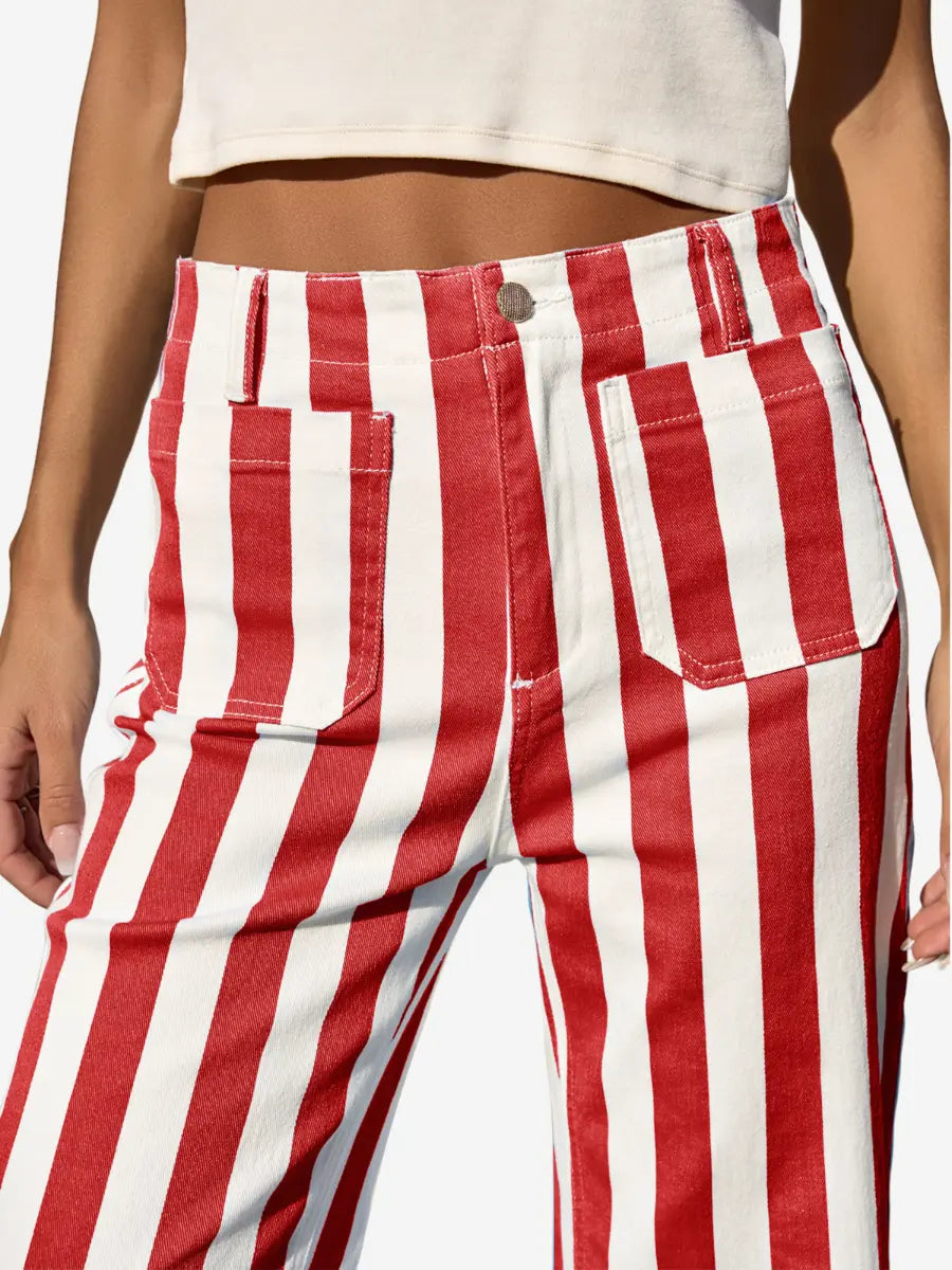 Women’s Red & White Vertical Striped High - Waisted Cropped Wide - Leg Pants - laseze