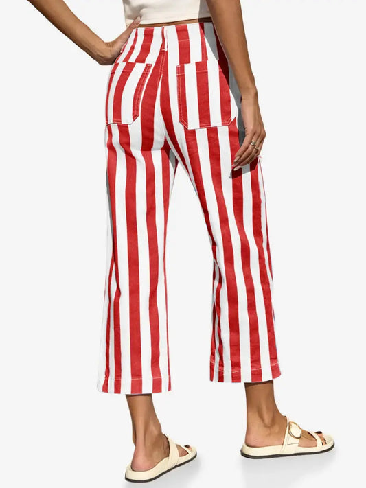 Women’s Red & White Vertical Striped High - Waisted Cropped Wide - Leg Pants - laseze