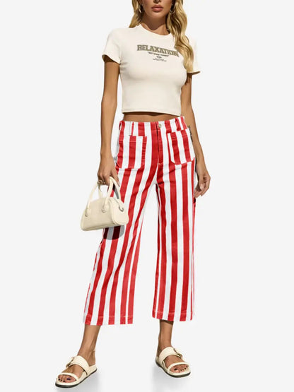 Women’s Red & White Vertical Striped High - Waisted Cropped Wide - Leg Pants - laseze