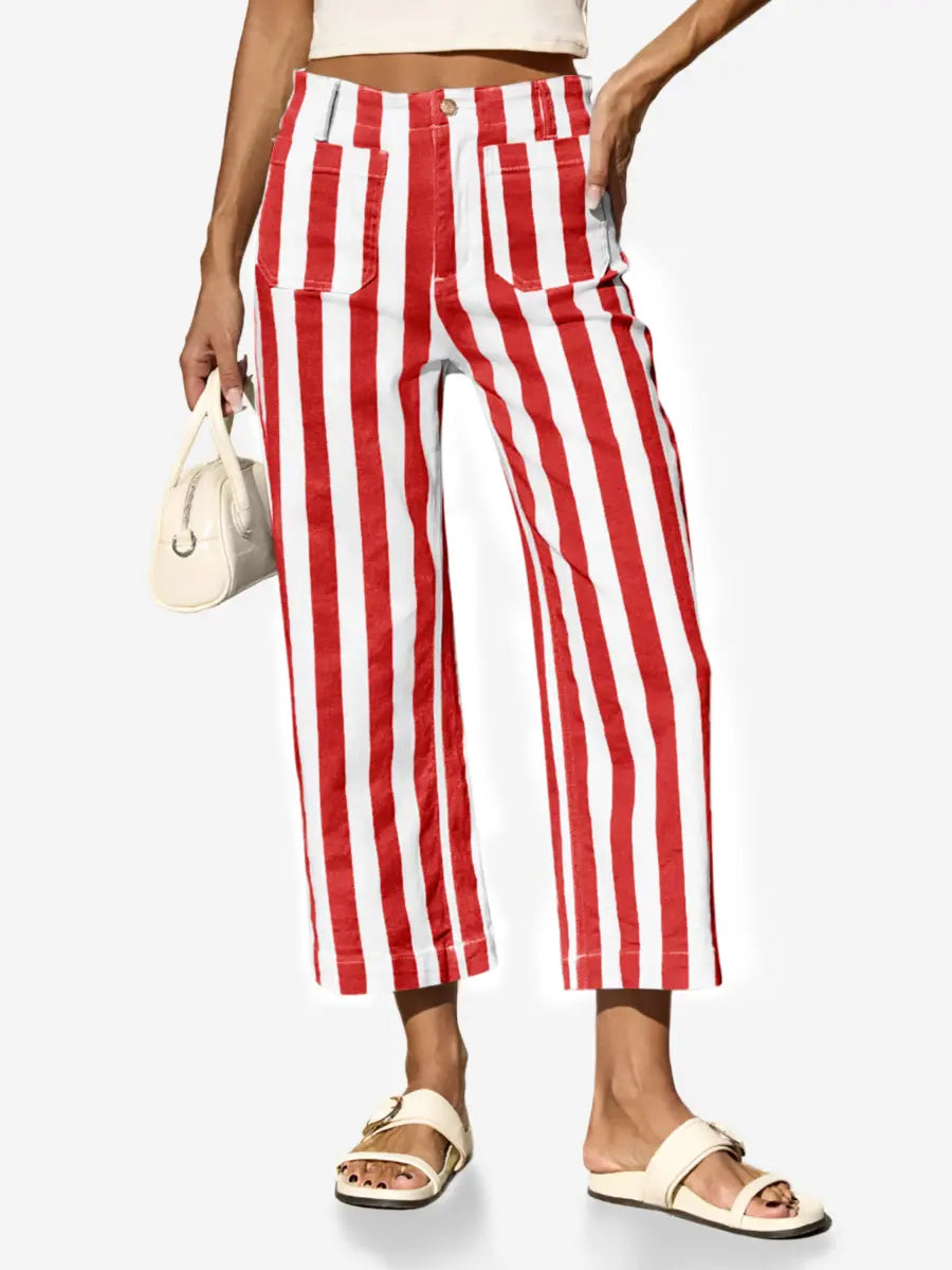 Women’s Red & White Vertical Striped High - Waisted Cropped Wide - Leg Pants - laseze