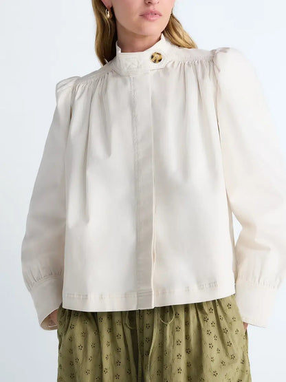 Women’s Stand Collar Puff Sleeve Button - Front Jacket - laseze