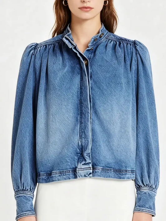 Women’s Stand Collar Puff Sleeve Button - Front Jacket - laseze
