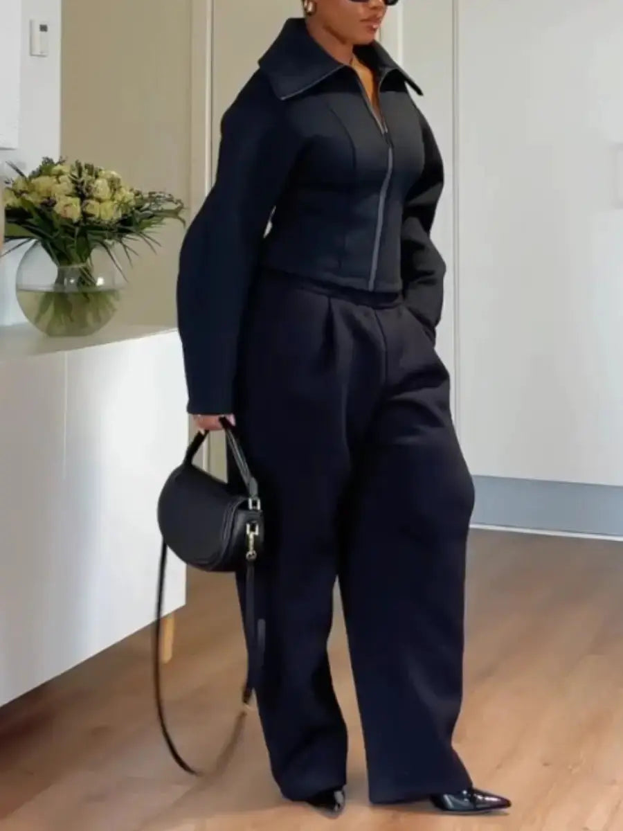 Women's Tailored Black Zip - Front Jacket & Wide Leg Trouser 2 - Piece Suit Set - laseze