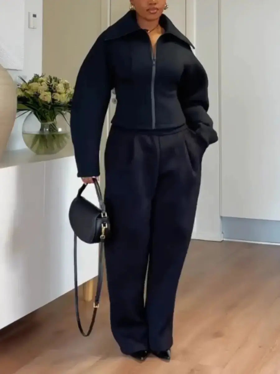 Women's Tailored Black Zip - Front Jacket & Wide Leg Trouser 2 - Piece Suit Set - laseze