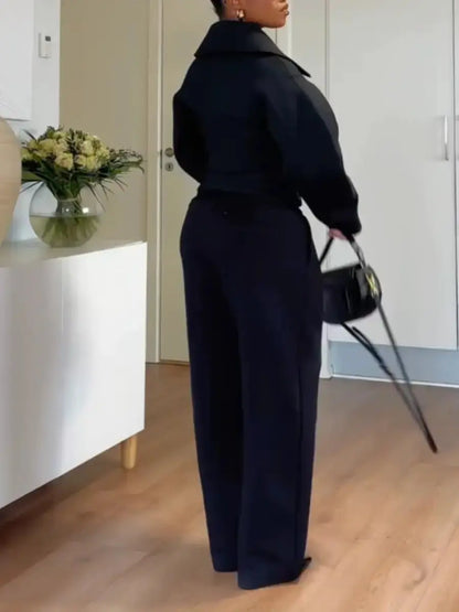 Women's Tailored Black Zip - Front Jacket & Wide Leg Trouser 2 - Piece Suit Set - laseze