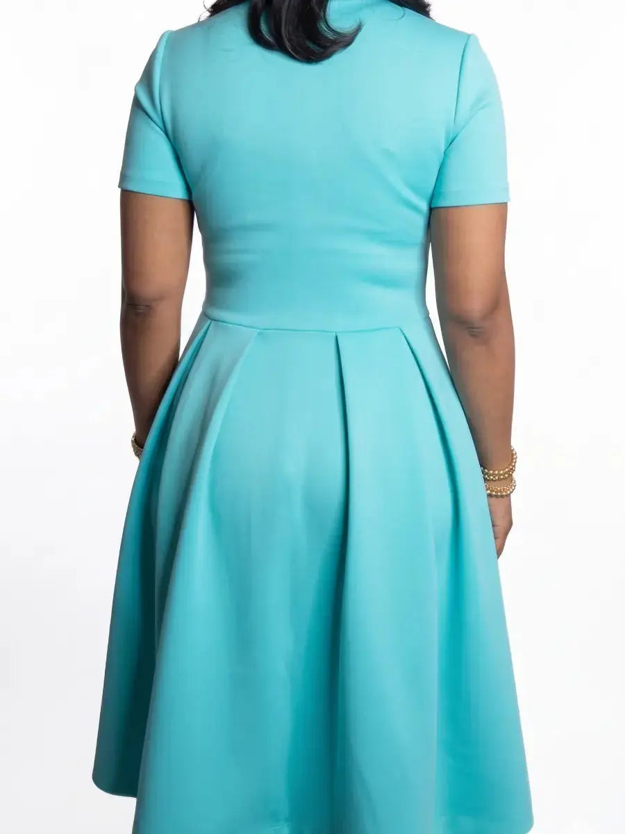 Women's Turquoise Tie - Neck Short Sleeve A - Line Midi Dress With Pockets - laseze