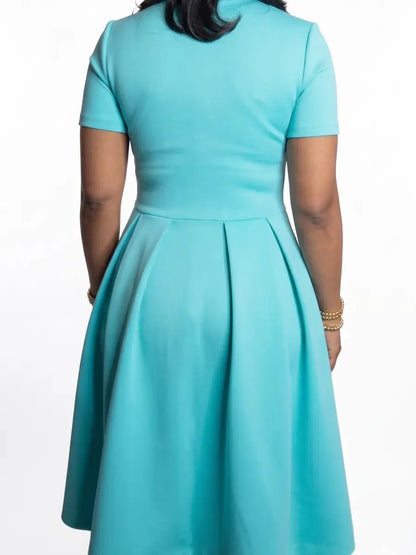 Women's Turquoise Tie - Neck Short Sleeve A - Line Midi Dress With Pockets - laseze