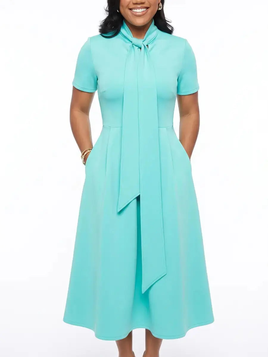 Women's Turquoise Tie - Neck Short Sleeve A - Line Midi Dress With Pockets - laseze