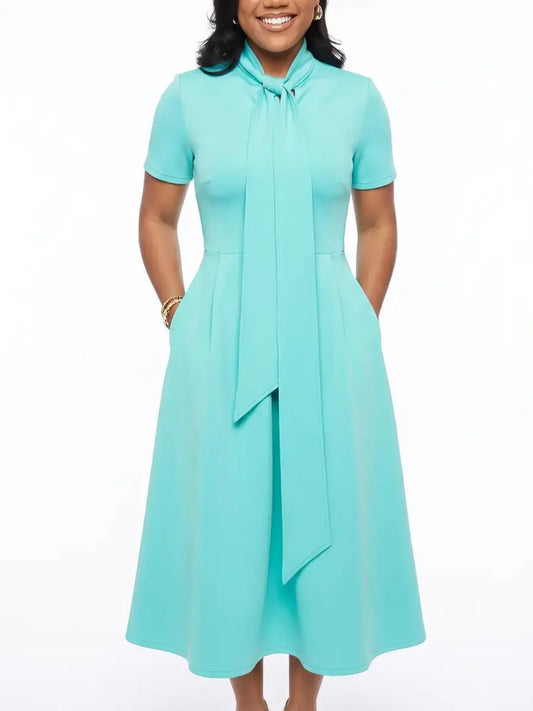 Women's Turquoise Tie - Neck Short Sleeve A - Line Midi Dress With Pockets - laseze