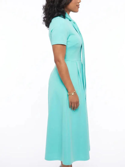 Women's Turquoise Tie - Neck Short Sleeve A - Line Midi Dress With Pockets - laseze