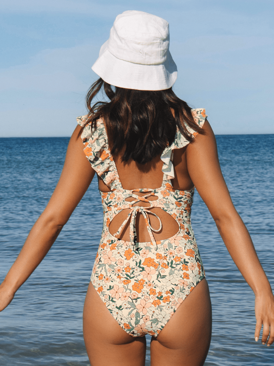 Women's V - neck Flounce Lace - up One - piece Swimsuit - laseze
