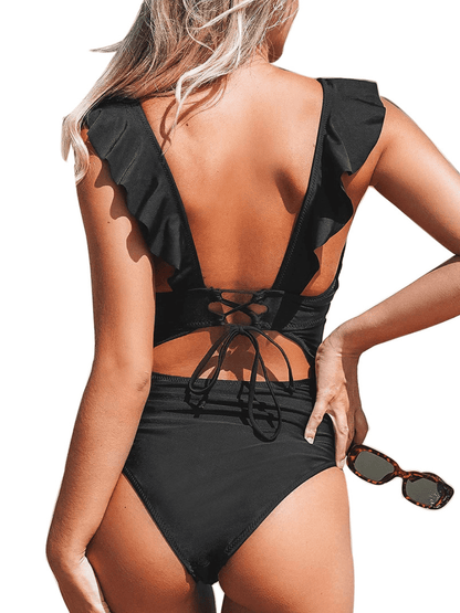 Women's V - neck Flounce Lace - up One - piece Swimsuit - laseze