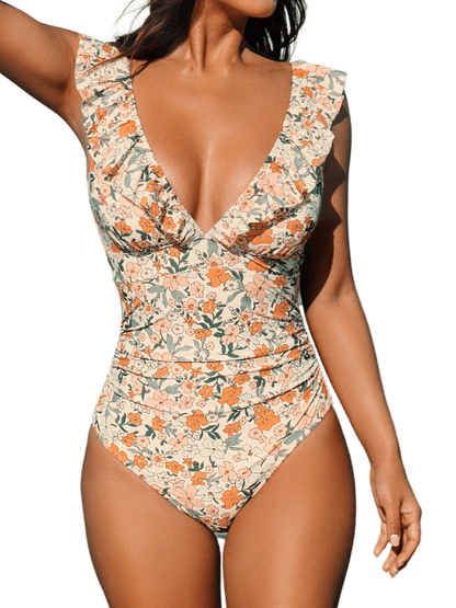 Women's V - neck Flounce Lace - up One - piece Swimsuit - laseze