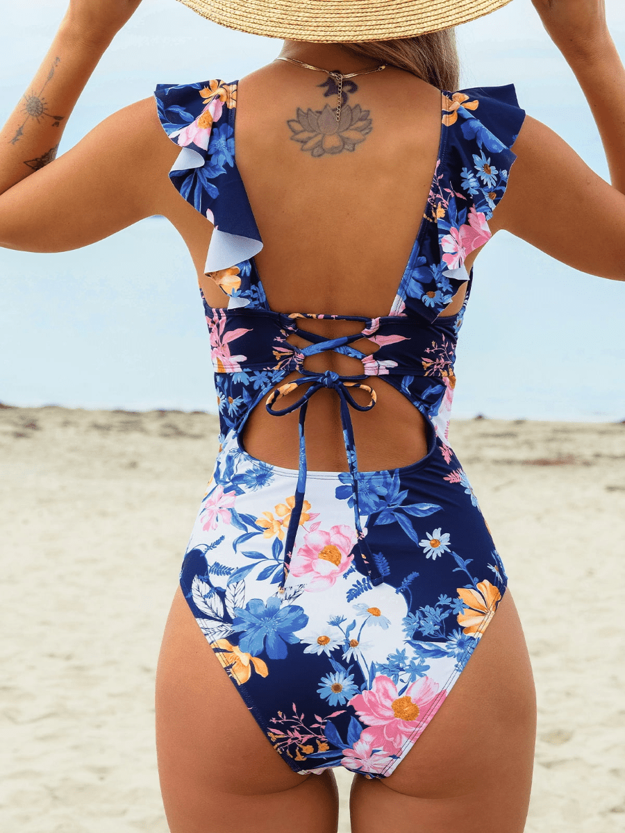 Women's V - neck Flounce Lace - up One - piece Swimsuit - laseze