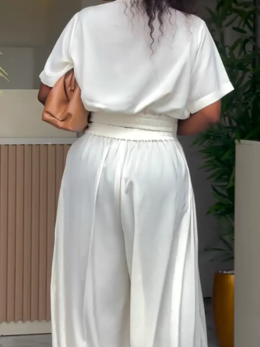 Women’s White 2 - Piece Set: Short - Sleeve Collared Top & High - Waisted Pleated Wide - Leg Pants - laseze