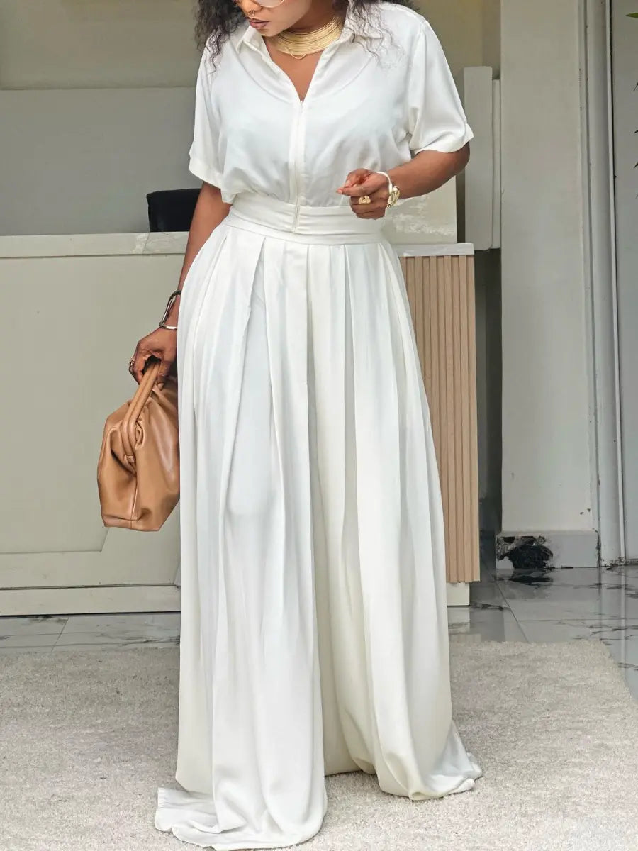Women’s White 2 - Piece Set: Short - Sleeve Collared Top & High - Waisted Pleated Wide - Leg Pants - laseze