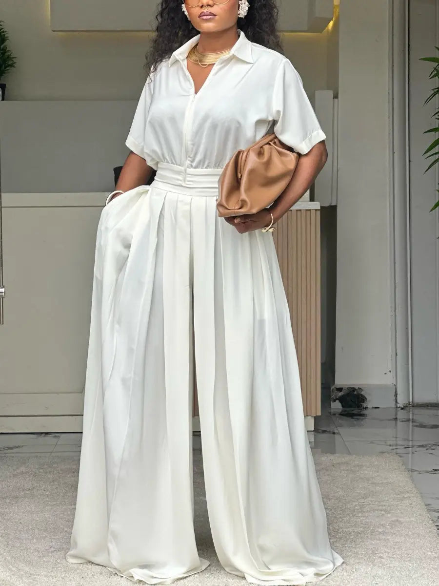Women’s White 2 - Piece Set: Short - Sleeve Collared Top & High - Waisted Pleated Wide - Leg Pants - laseze