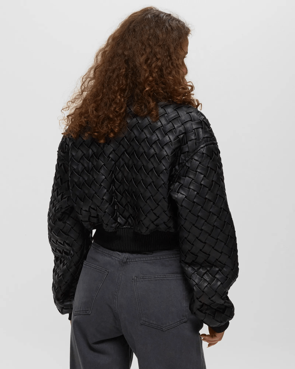 Woven Leather Cropped Bomber Jacket