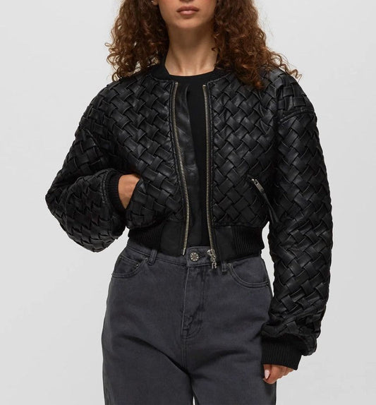 Woven Leather Cropped Bomber Jacket laseze