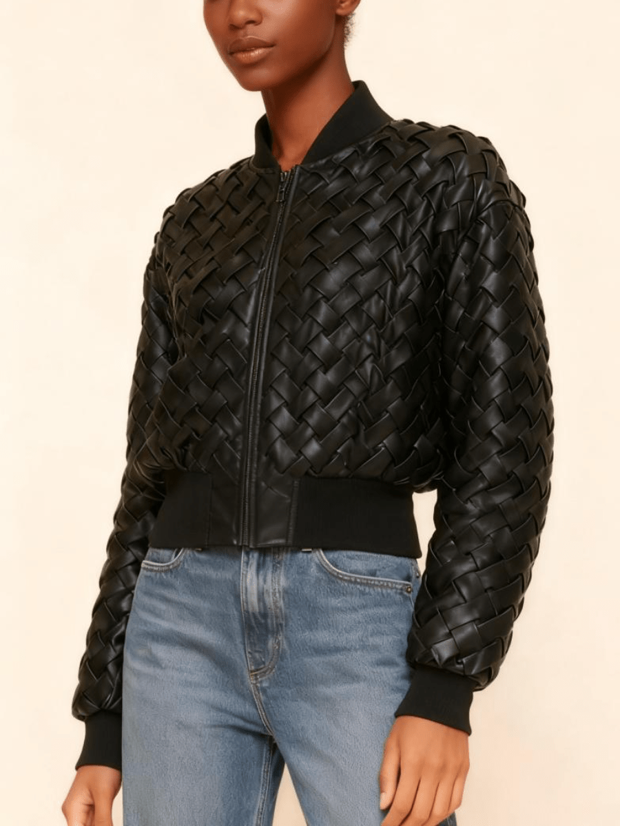 Woven Leather Cropped Bomber Jacket laseze