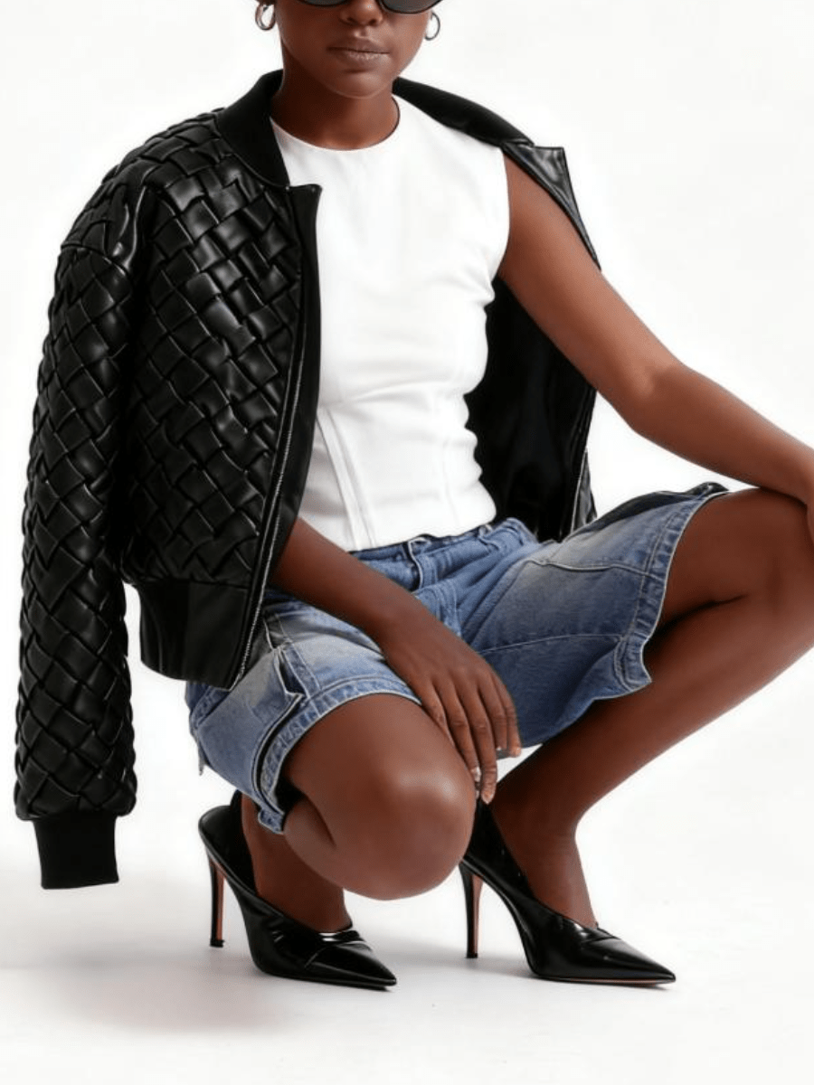 Woven Leather Cropped Bomber Jacket laseze
