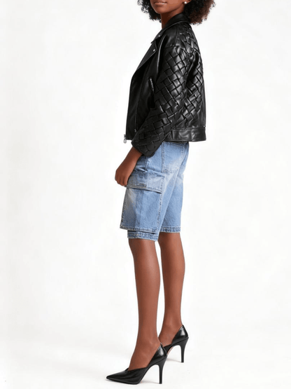 Woven Leather Cropped Bomber Jacket laseze