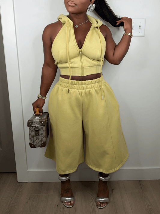 Yellow Hooded Halter & Wide-Leg Cropped Set - laseze