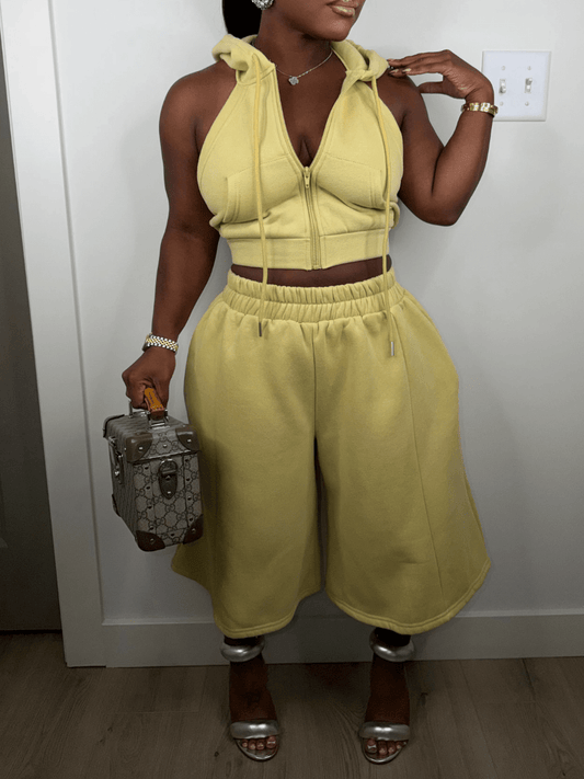 Yellow Hooded Halter & Wide-Leg Cropped Set - laseze